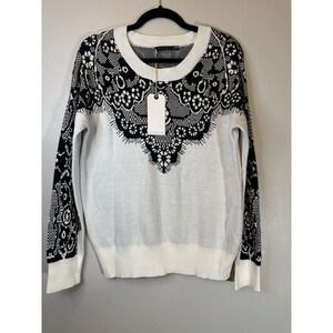 NWT Potters Pot B/W Faux Crochet‎ Long Sleeved Sweater Size L